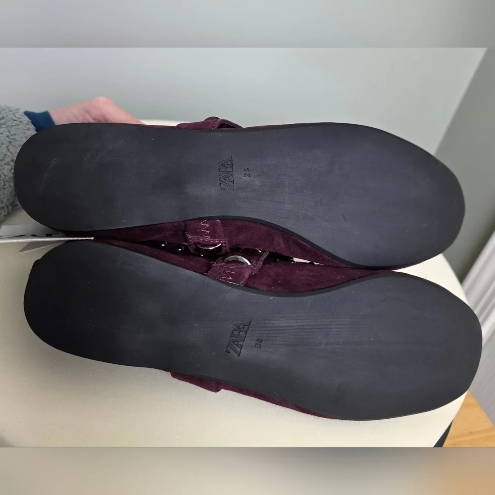 ZARA Burgundy Maroon Wine Studded Suede Leather Ballet Flats, NWT Size 38 EU